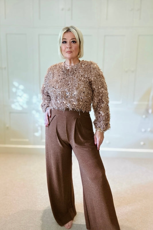 Seren Wide Leg Glitter Trousers - Tan - Faulty